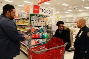 A woman pushing a shopping cart in a store.